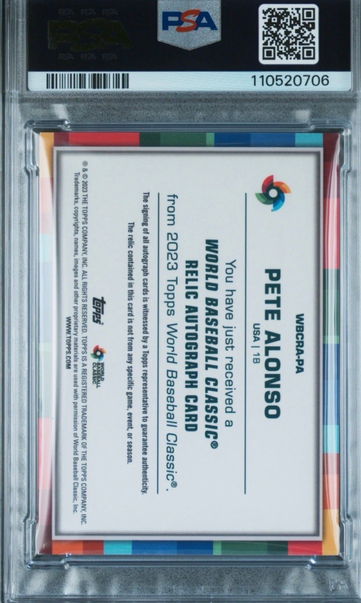 2023 Topps WBC Relic Pete Alonso /99 PSA Auth Auto 10 Pop 1! - 110520706