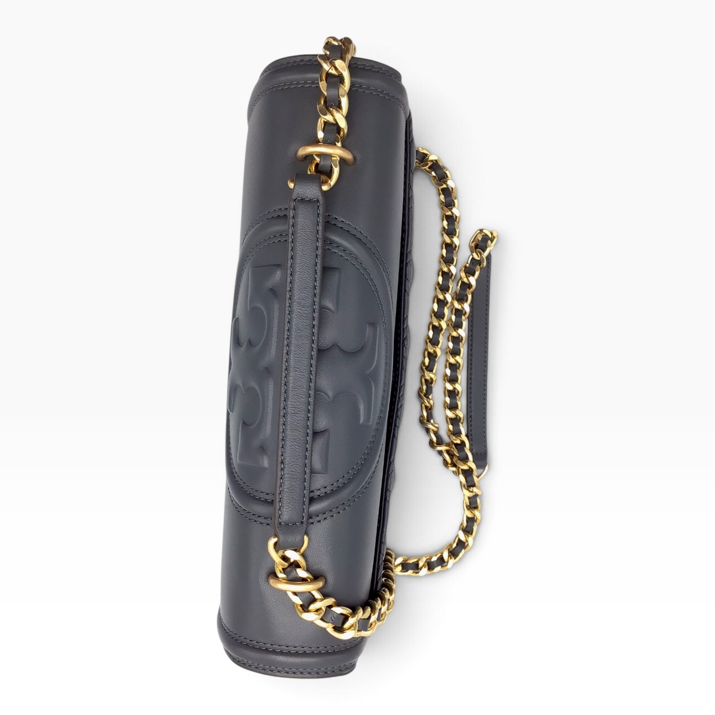 Tory Burch Fleming Overcast Dark Gray Quilted Leather Crossbody Shoulder Bag – Silver Maple 43833 - Gold-Tone Hardware