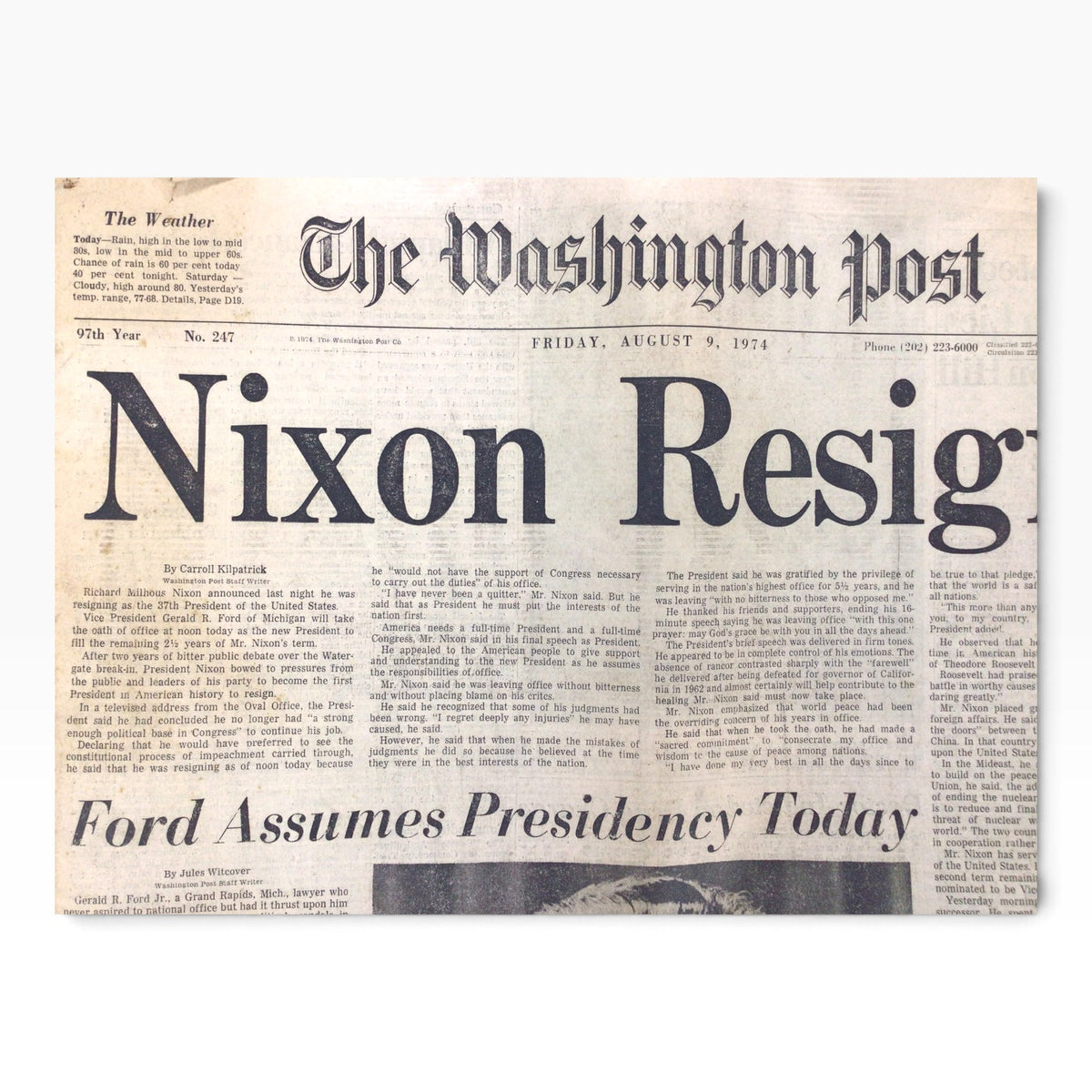 Washington Post August 9, 1974 – Nixon Resigns – Ford Takes Over Presidency – Complete Edition with Supplement