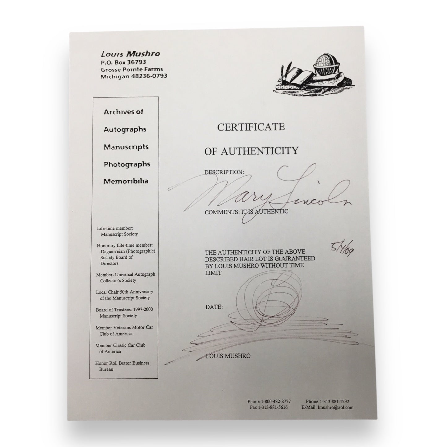 Mary Todd Lincoln Hair Clipping with COA