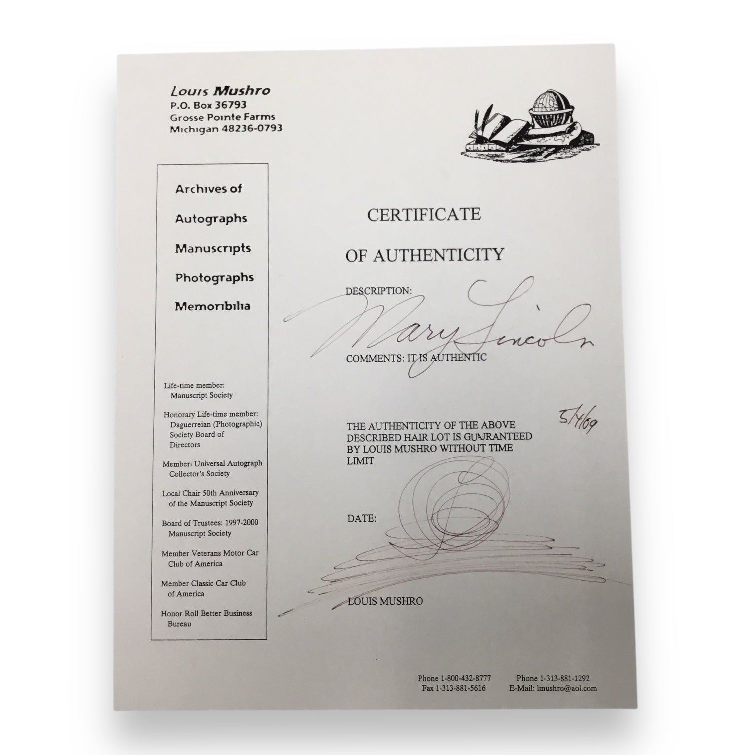 Mary Todd Lincoln Hair Clipping with COA