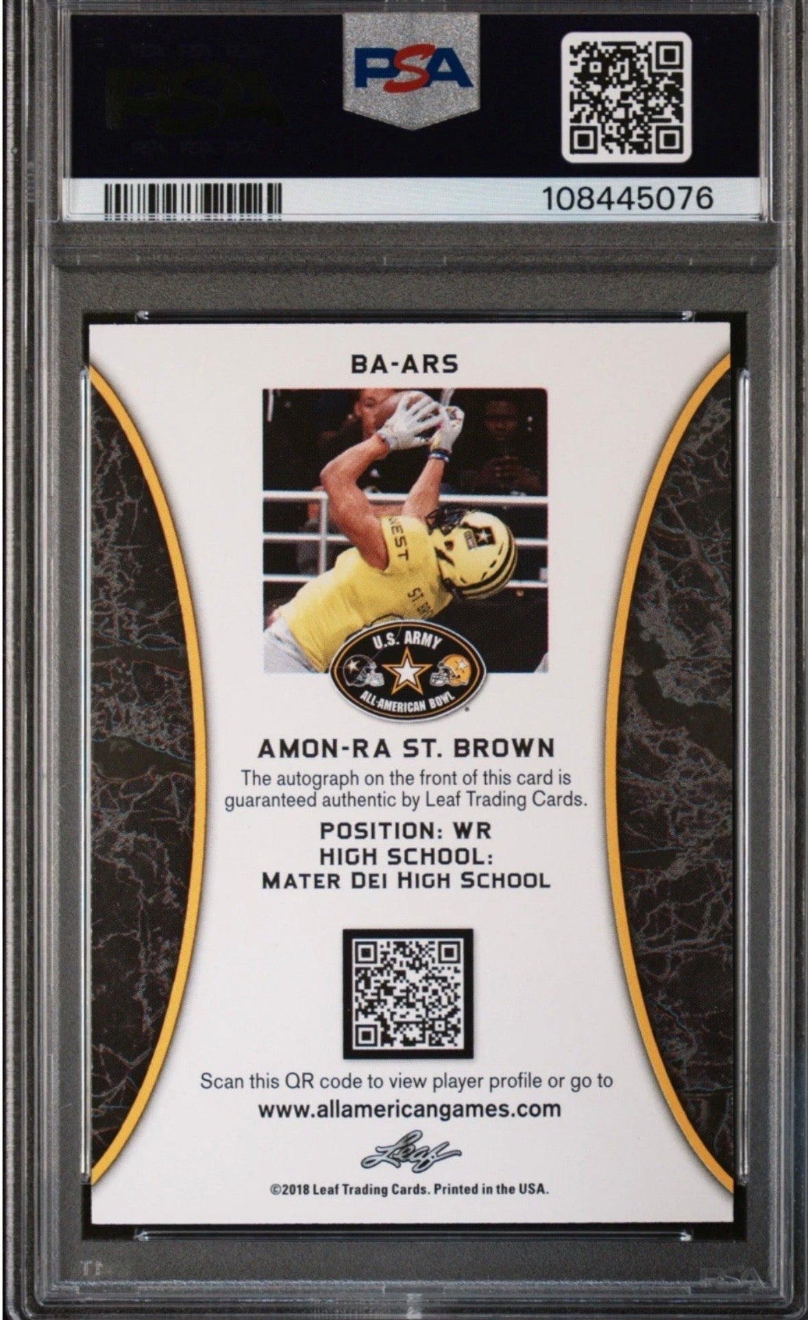 2018 Leaf US Army A/A Amon-Ra St. Brown RC 10/10 Bookend PSA Auth Auto 10 - 108445076