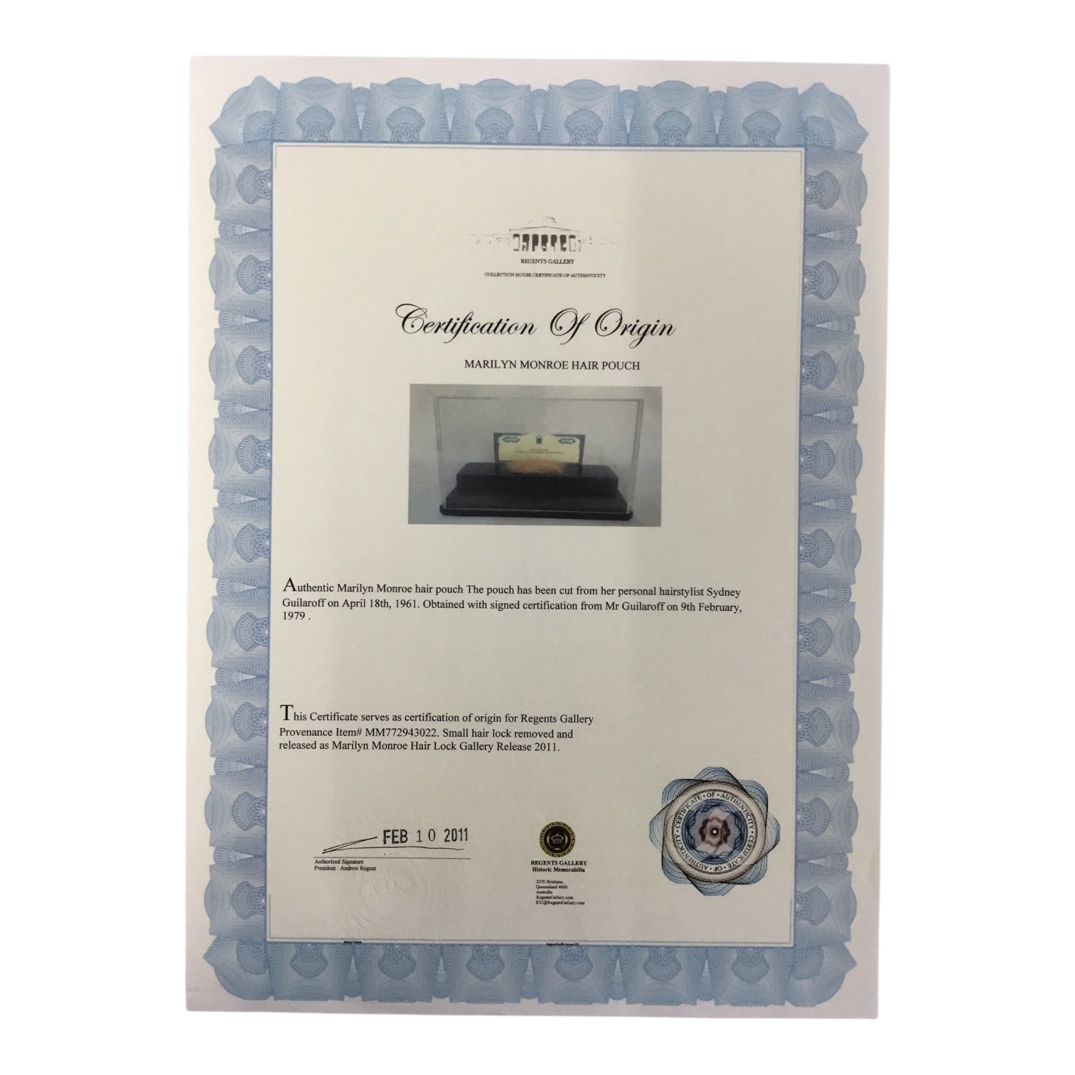 Marilyn Monroe Original Hair Lock with Used Dress Piece and COA