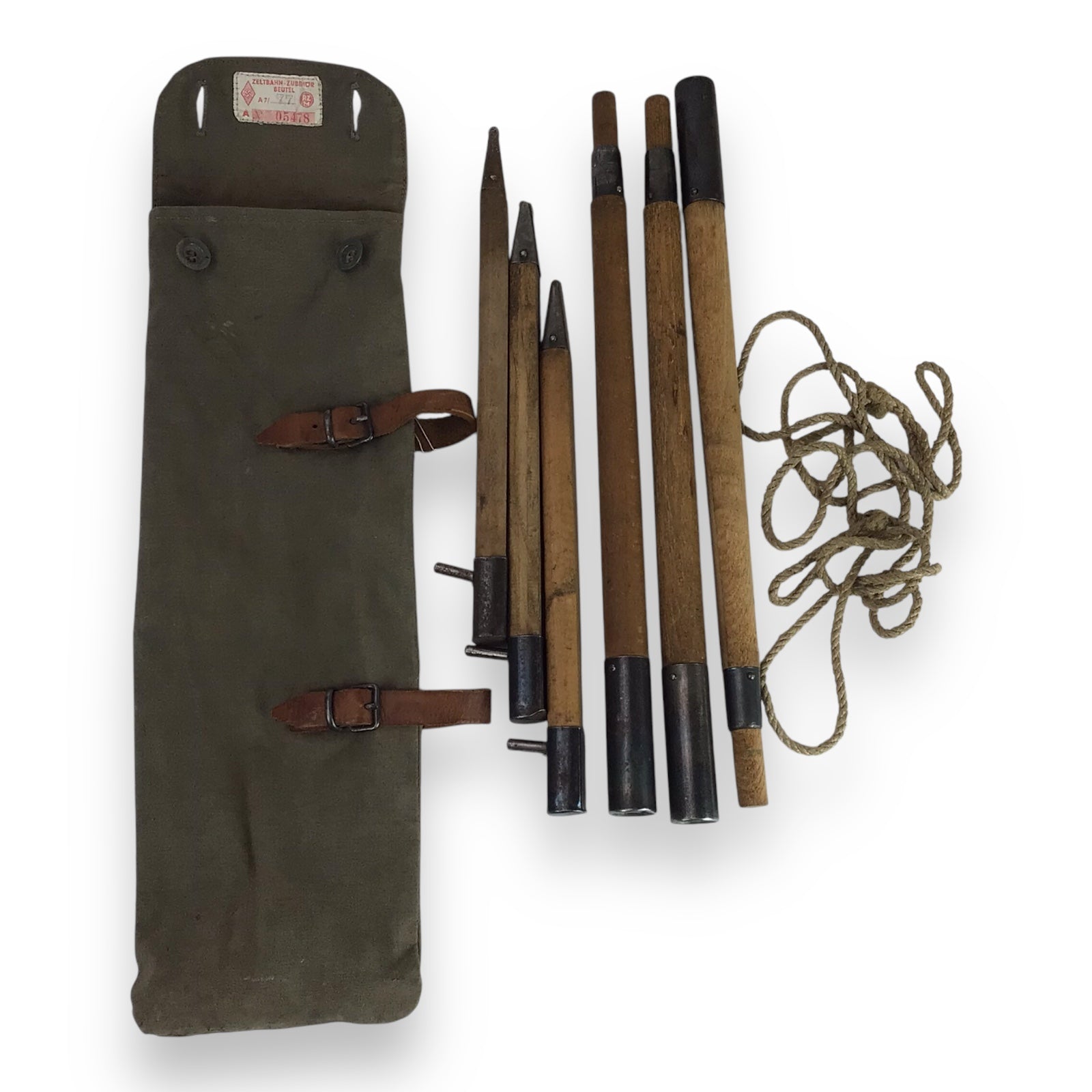 German WW2 Hitler Youth Zeltbahn Tent Stake Set with RZM Canvas Case & Rope