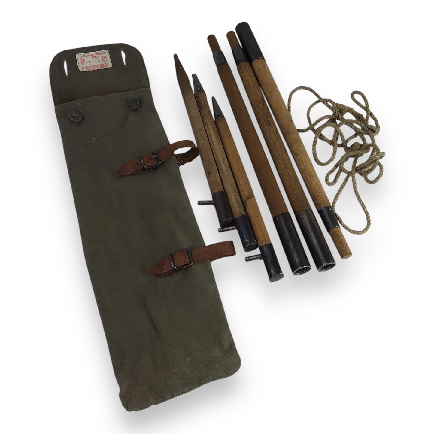 German WW2 Hitler Youth Zeltbahn Tent Stake Set with RZM Canvas Case & Rope
