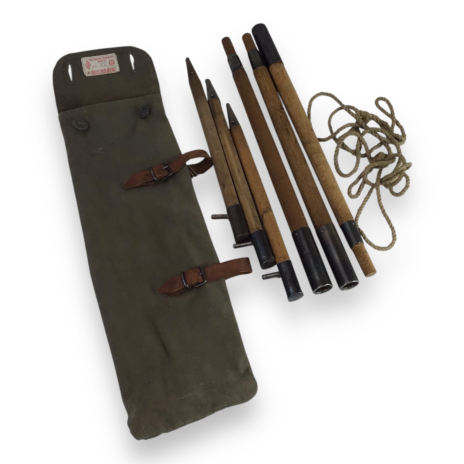 German WW2 Hitler Youth Zeltbahn Tent Stake Set with RZM Canvas Case & Rope