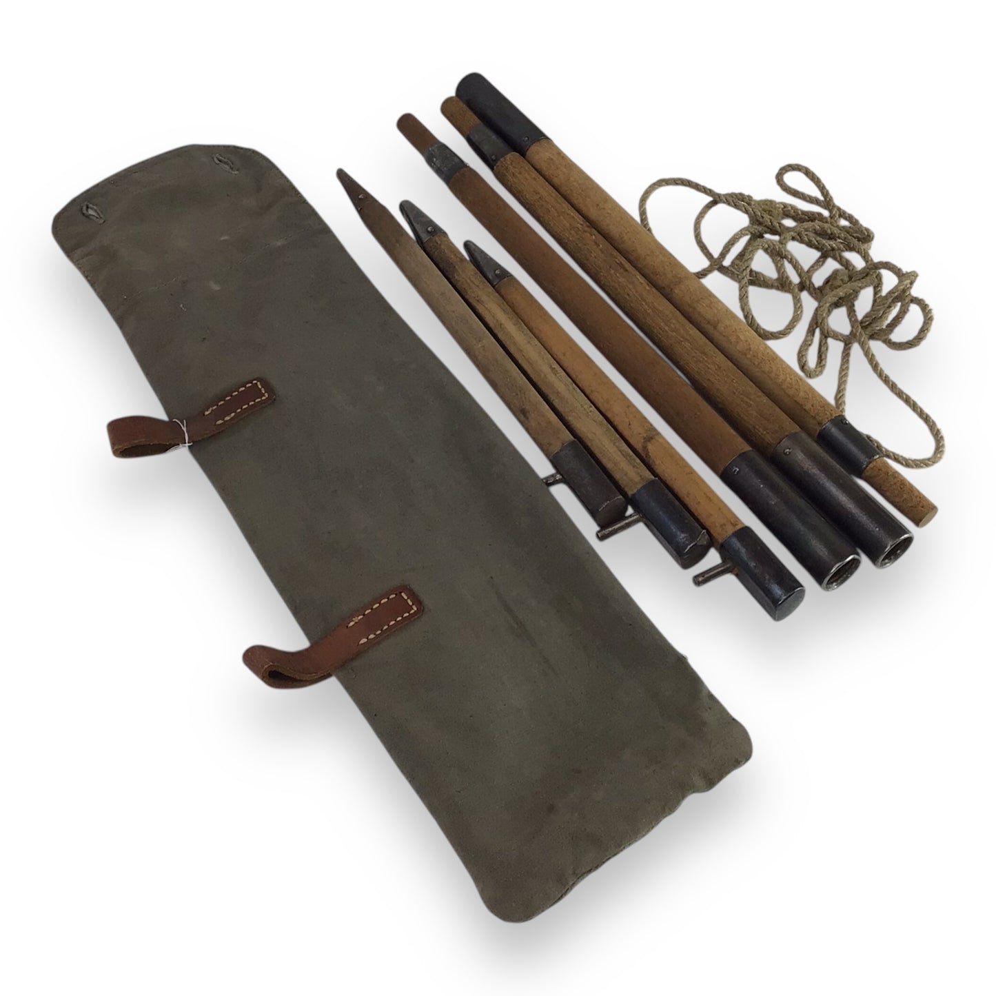 German WW2 Hitler Youth Zeltbahn Tent Stake Set with RZM Canvas Case & Rope
