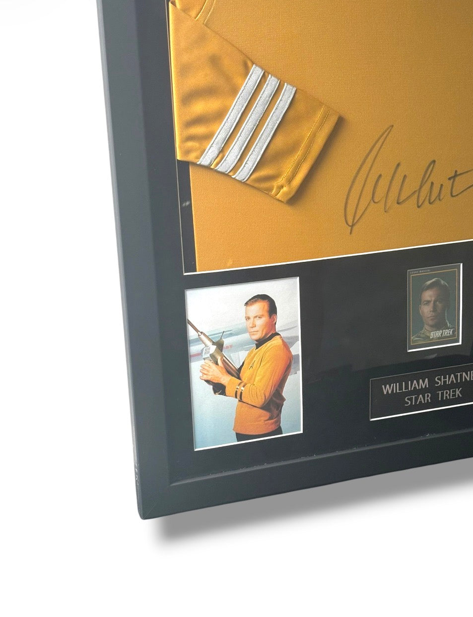 Framed Captain James T. Kirk Signed Uniform w/ JSA Cert & Court Martial Card