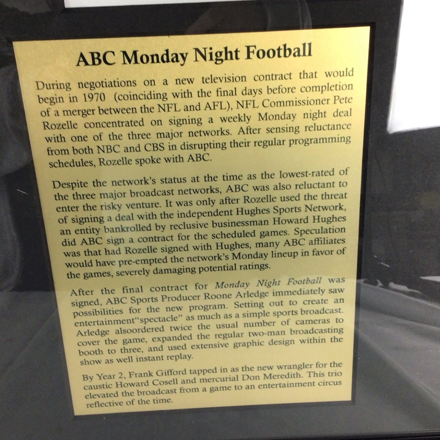 ABC Monday Night Football Framed Display - Broadcasters Don Meredith, Frank Gifford, & Howard Cosell