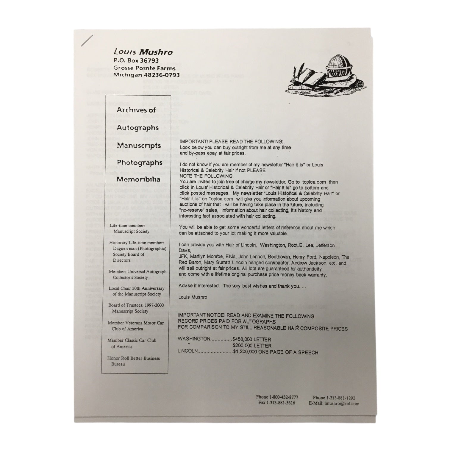 Jenny Lind, the Swedish Nightengale, Hair Clipping with COA