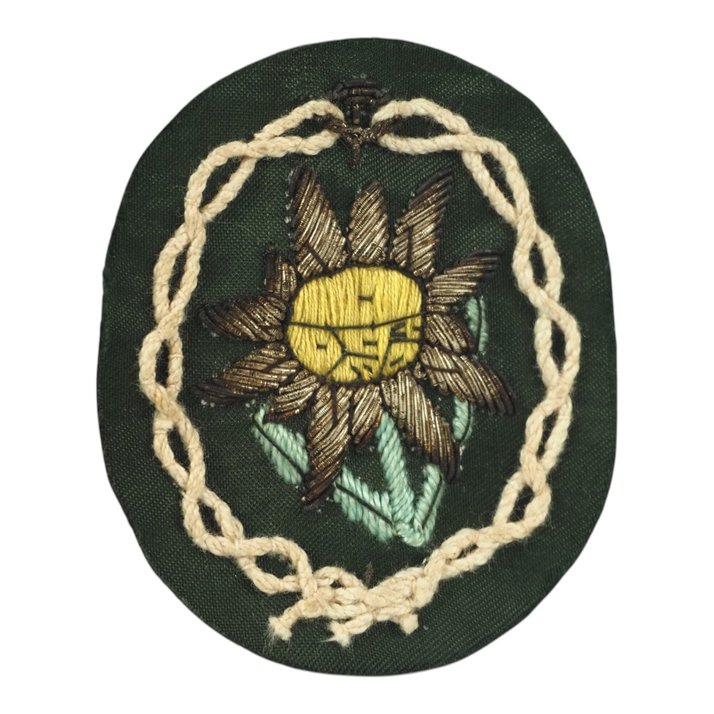 German WW2 Gebirgsjäger Officer Edelweiss Sleeve Insignia, Silver Bullion Vet Bring-Back
