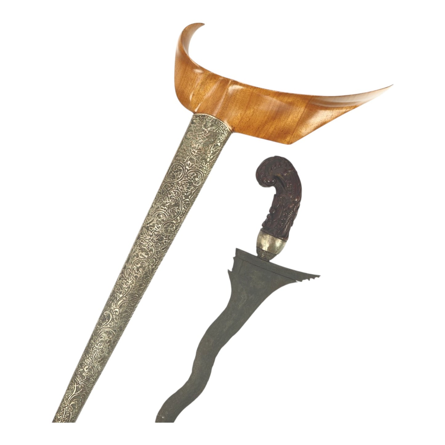Indonesian Javanese 18th-19th Century Keris Kris with Silvered Two-Sided Sheath
