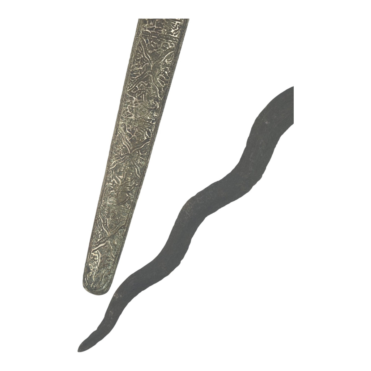 Indonesian Javanese 18th-19th Century Keris Kris with Silvered Two-Sided Sheath