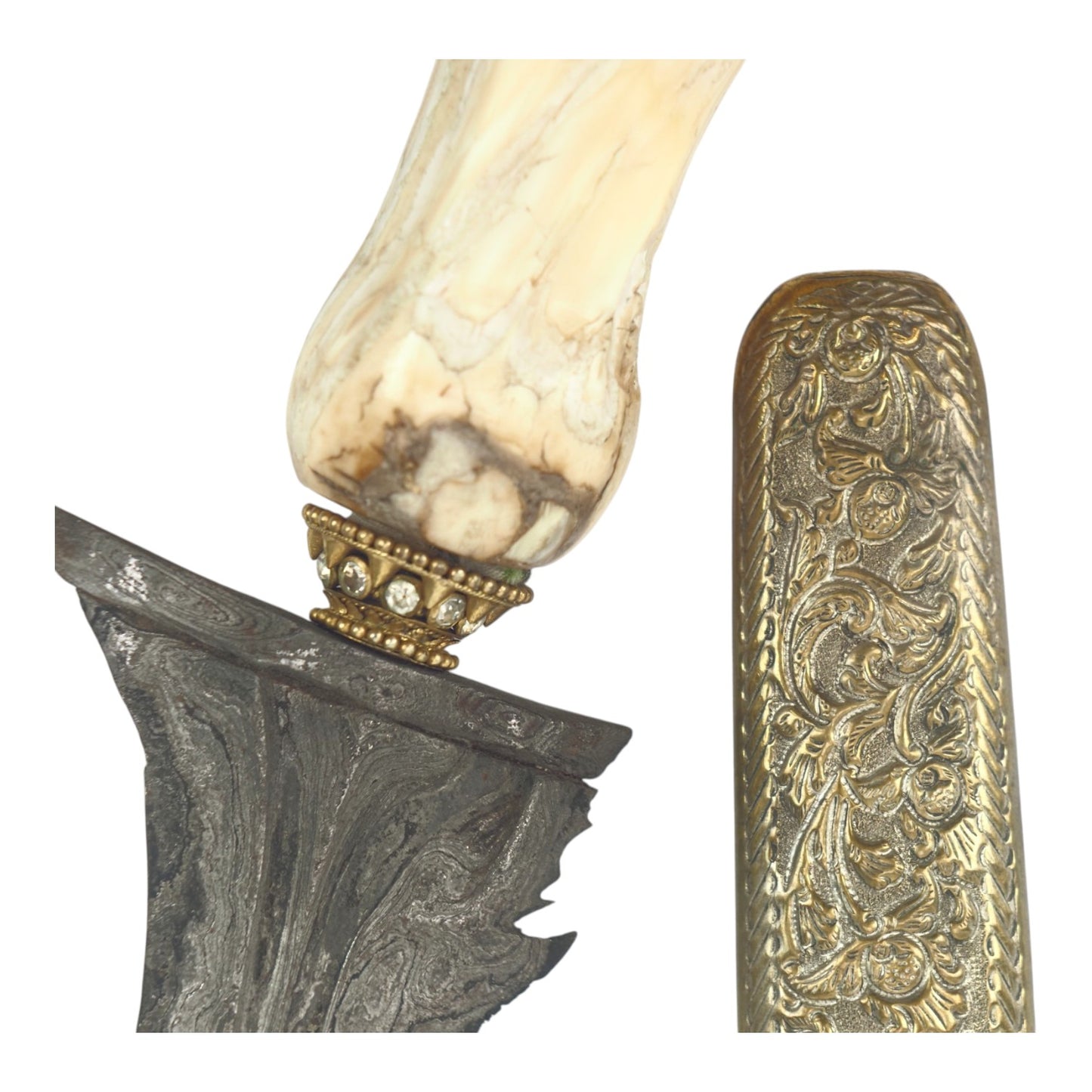 Indonesian Surakarta Javanese Keris with Fossil Mammoth Tooth Mounts & Damascus Blade