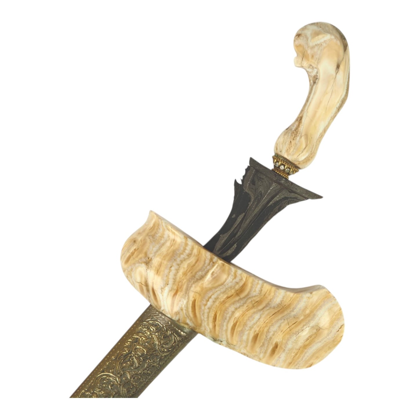 Indonesian Surakarta Javanese Keris with Fossil Mammoth Tooth Mounts & Damascus Blade