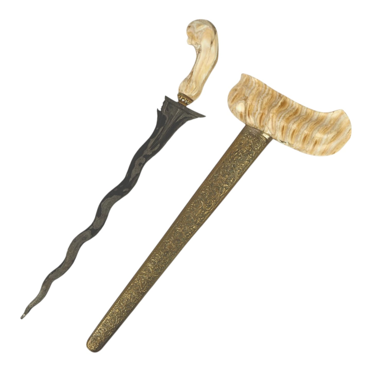 Indonesian Surakarta Javanese Keris with Fossil Mammoth Tooth Mounts & Damascus Blade
