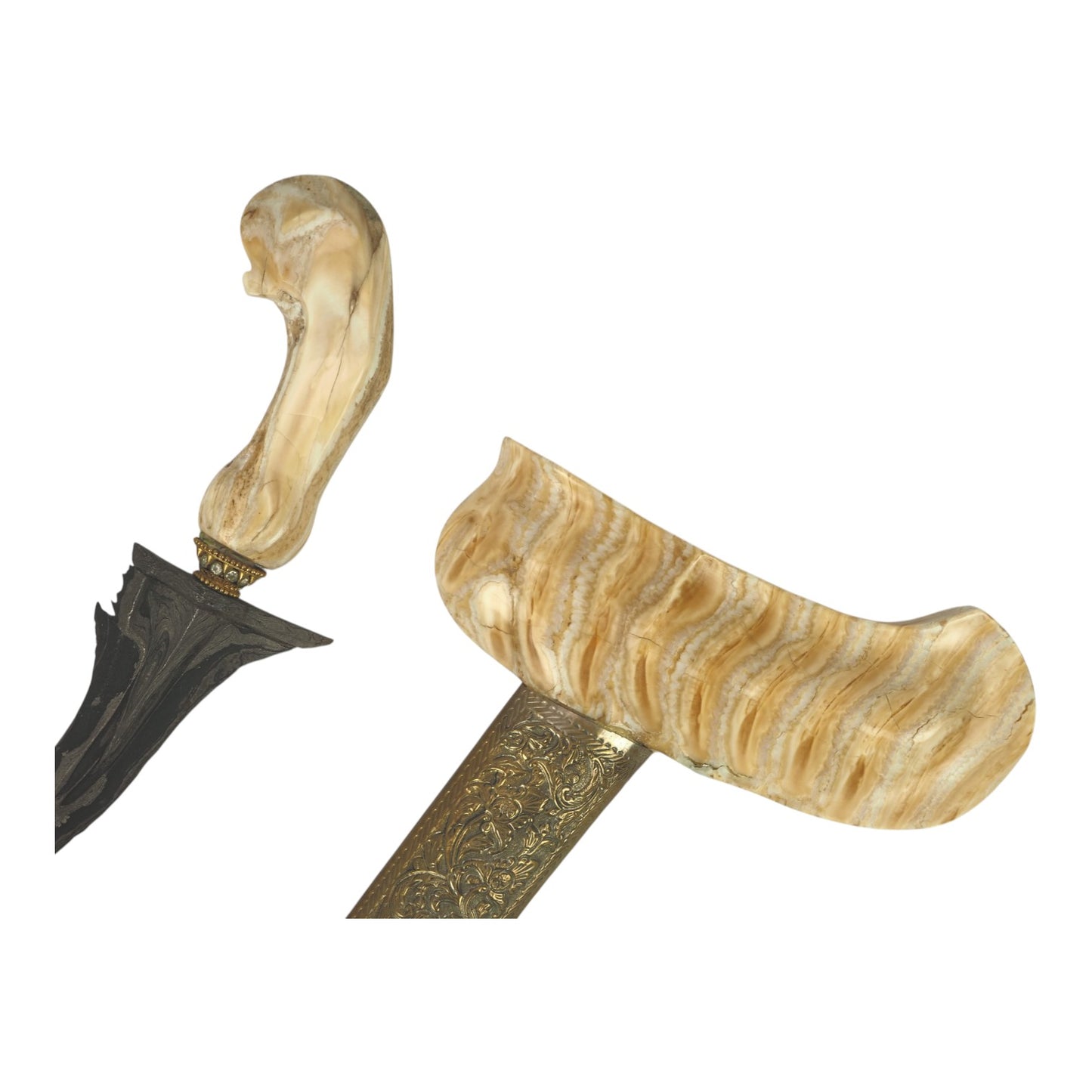Indonesian Surakarta Javanese Keris with Fossil Mammoth Tooth Mounts & Damascus Blade