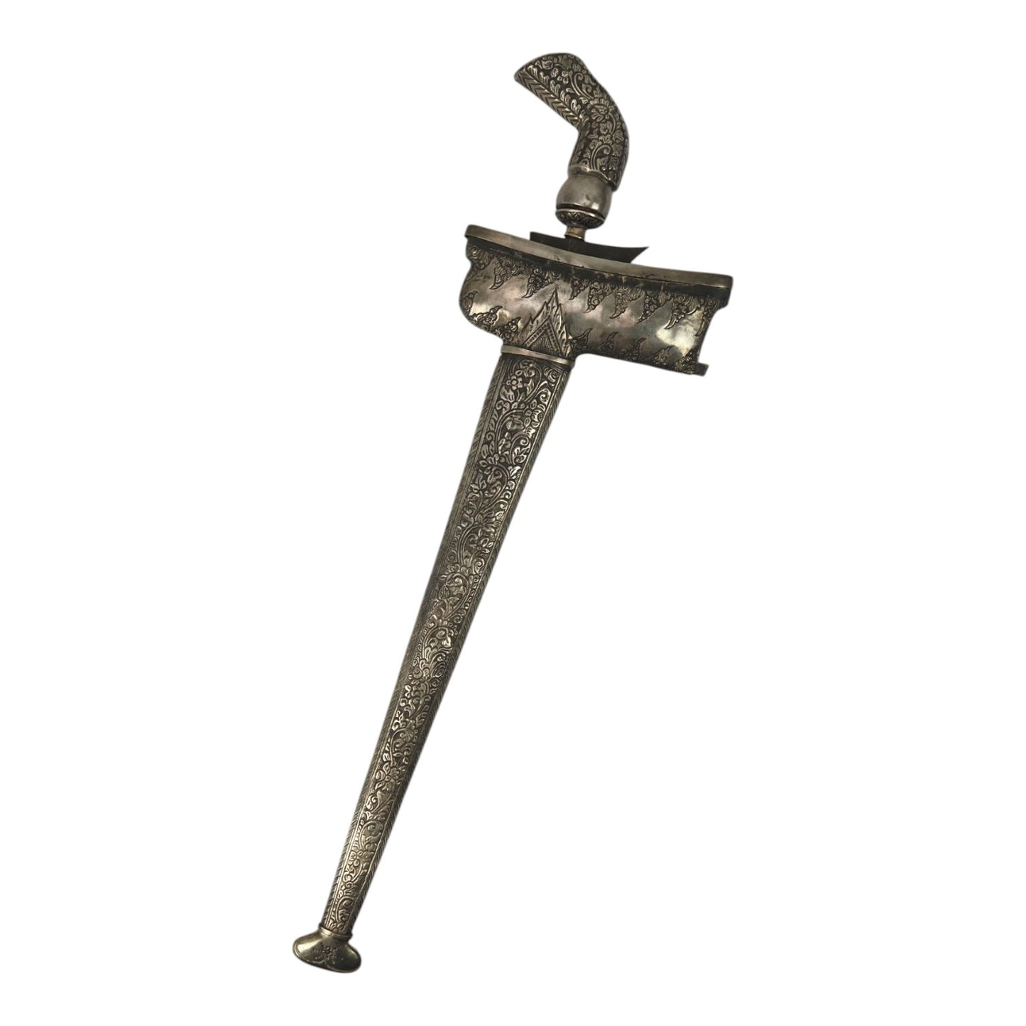 18th–19th C. Javanese Keris Kris with All-Silver Scrollwork Sheath & Hilt