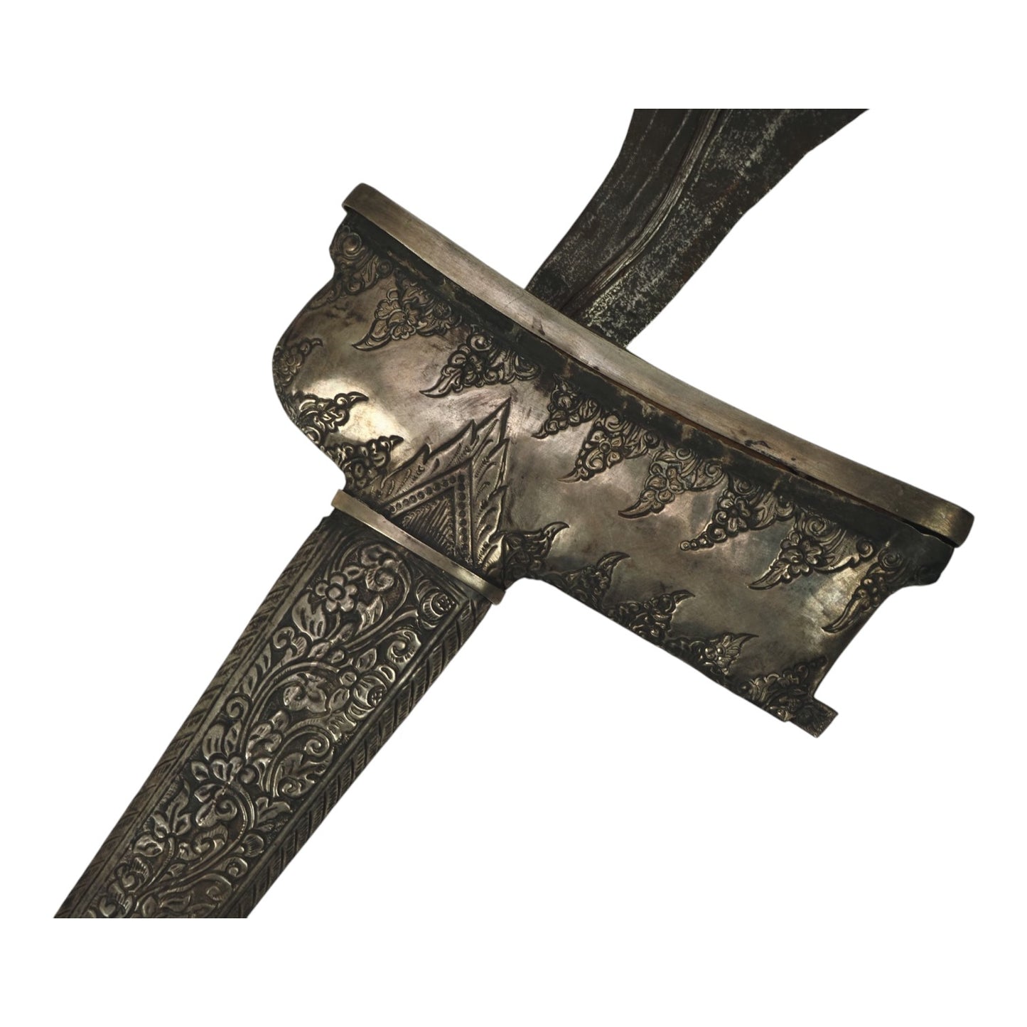 18th–19th C. Javanese Keris Kris with All-Silver Scrollwork Sheath & Hilt