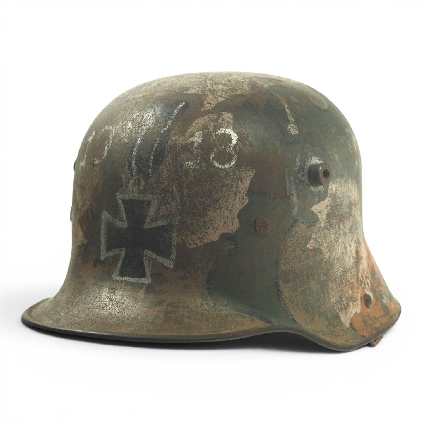 German WWI Leaf Camouflage Steel Helmet | RIR 120 Marked | Veteran Iron Cross Paint | RARE!