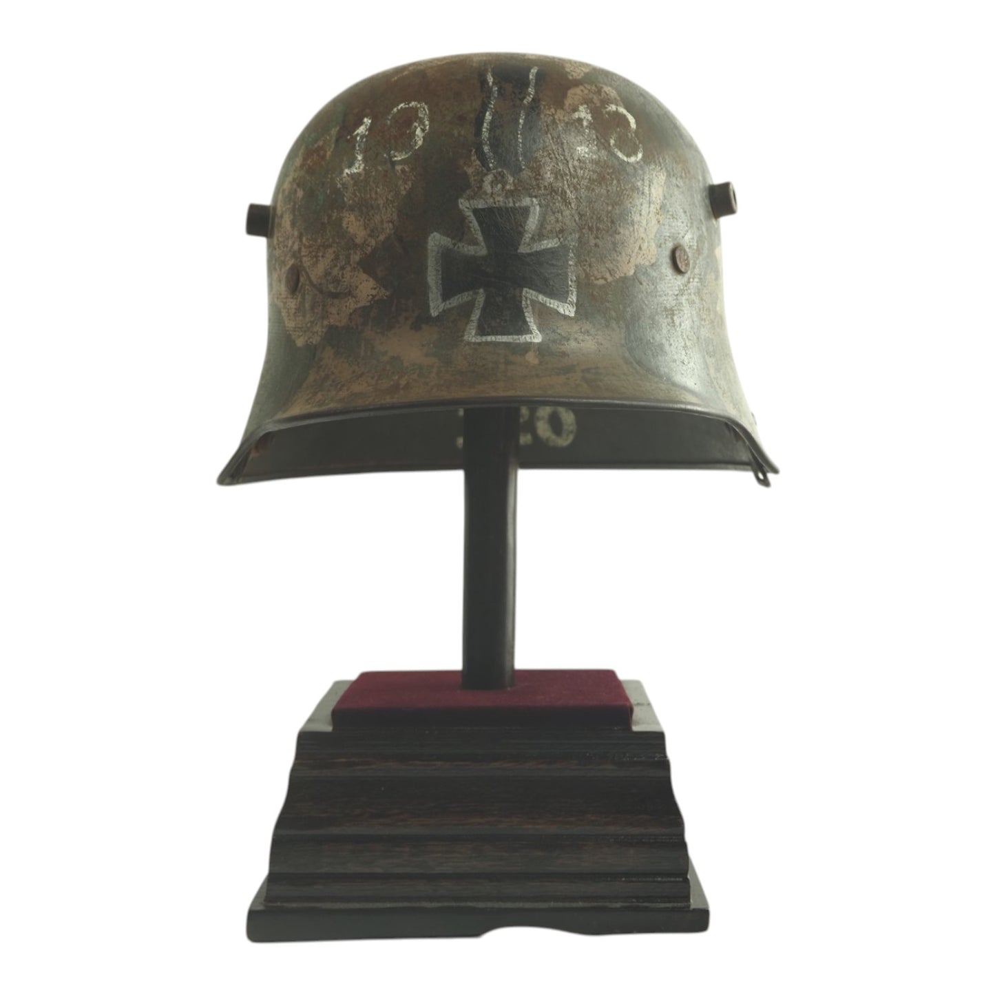 German WWI Leaf Camouflage Steel Helmet | RIR 120 Marked | Veteran Iron Cross Paint | RARE!