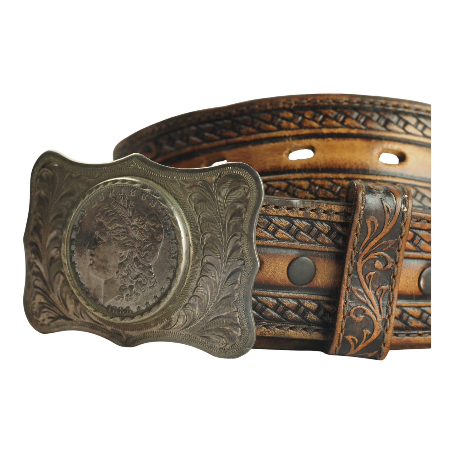 Tony Lama Belt with Sterling Silver Morgan Dollar Buckle by Silver State Silver Co.