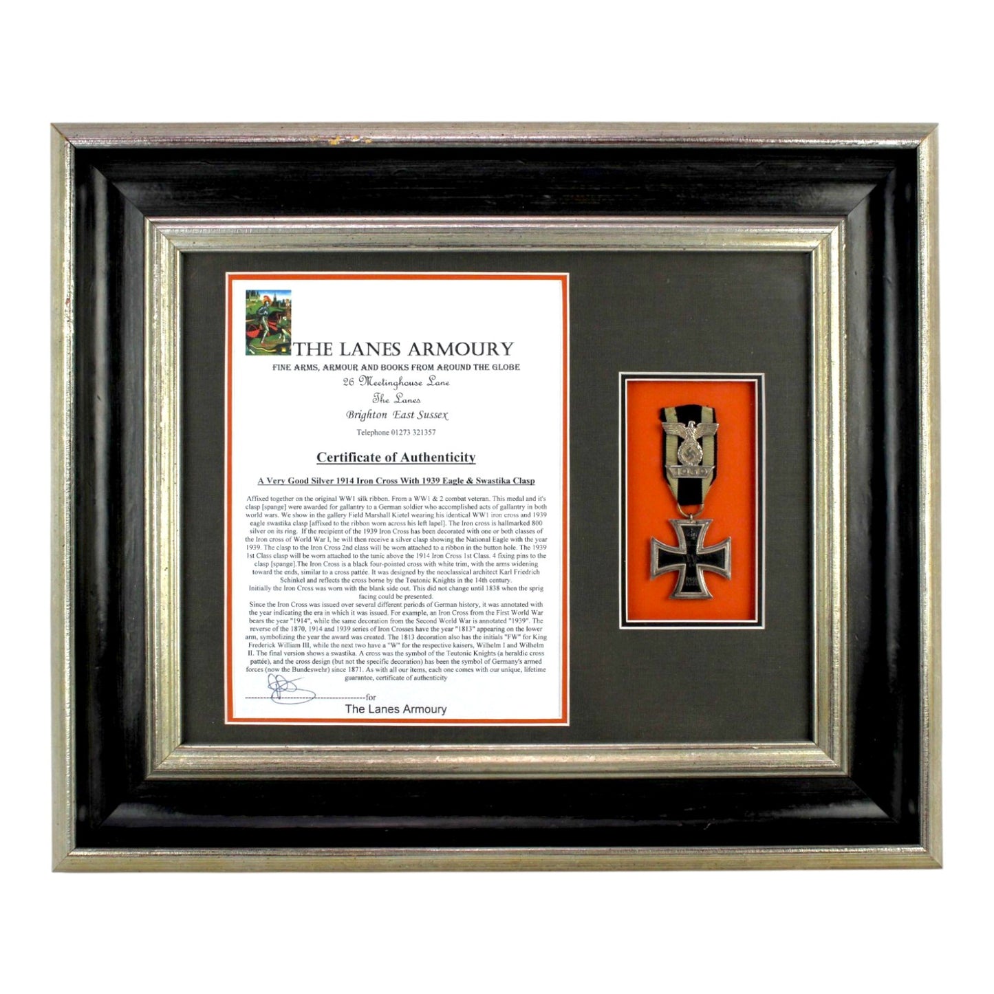 German WWI Iron Cross with WWII 1939 Spange, Framed with COA