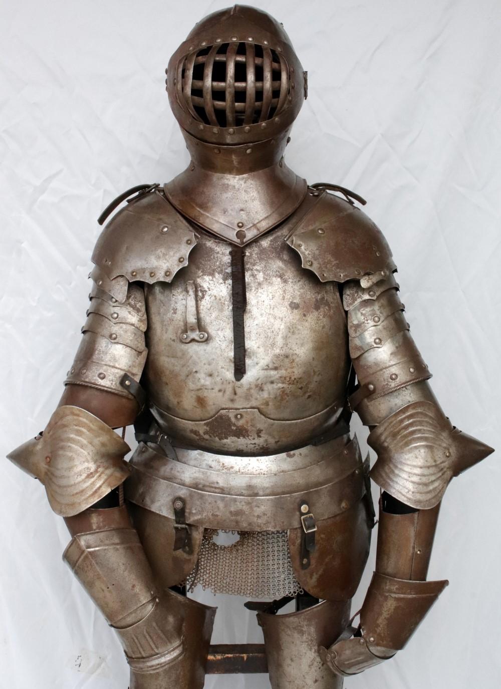 Victorian German Knight Suit of Armor with Rare Caged Visor Helmet & Stand
