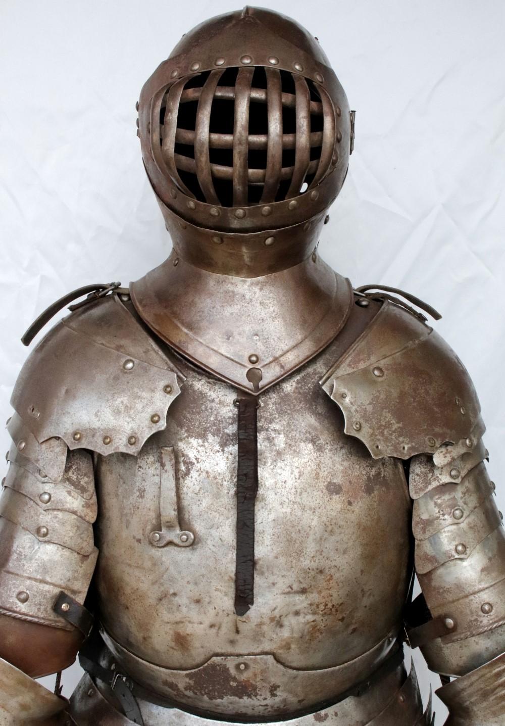Victorian German Knight Suit of Armor with Rare Caged Visor Helmet & Stand