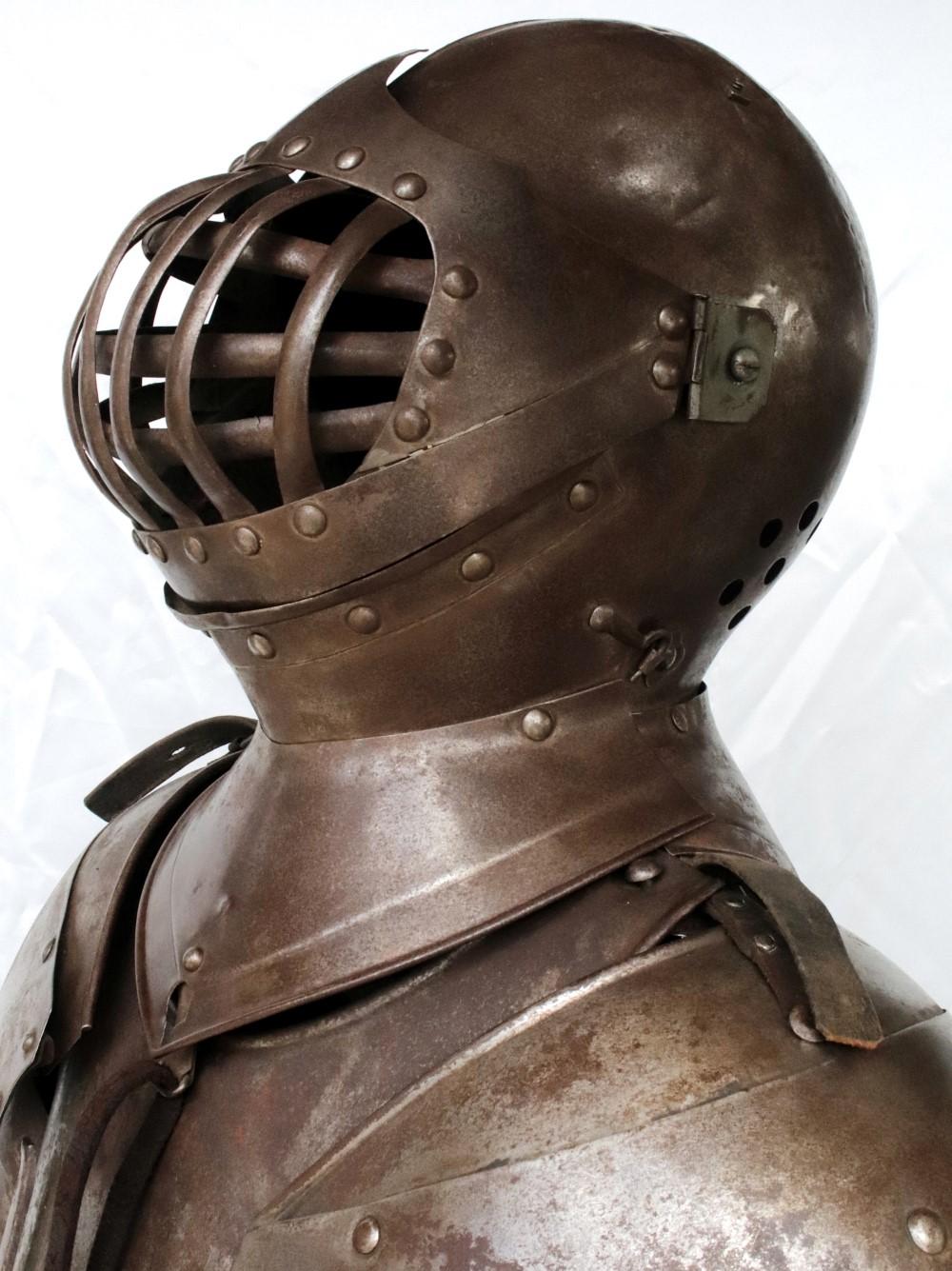 Victorian German Knight Suit of Armor with Rare Caged Visor Helmet & Stand