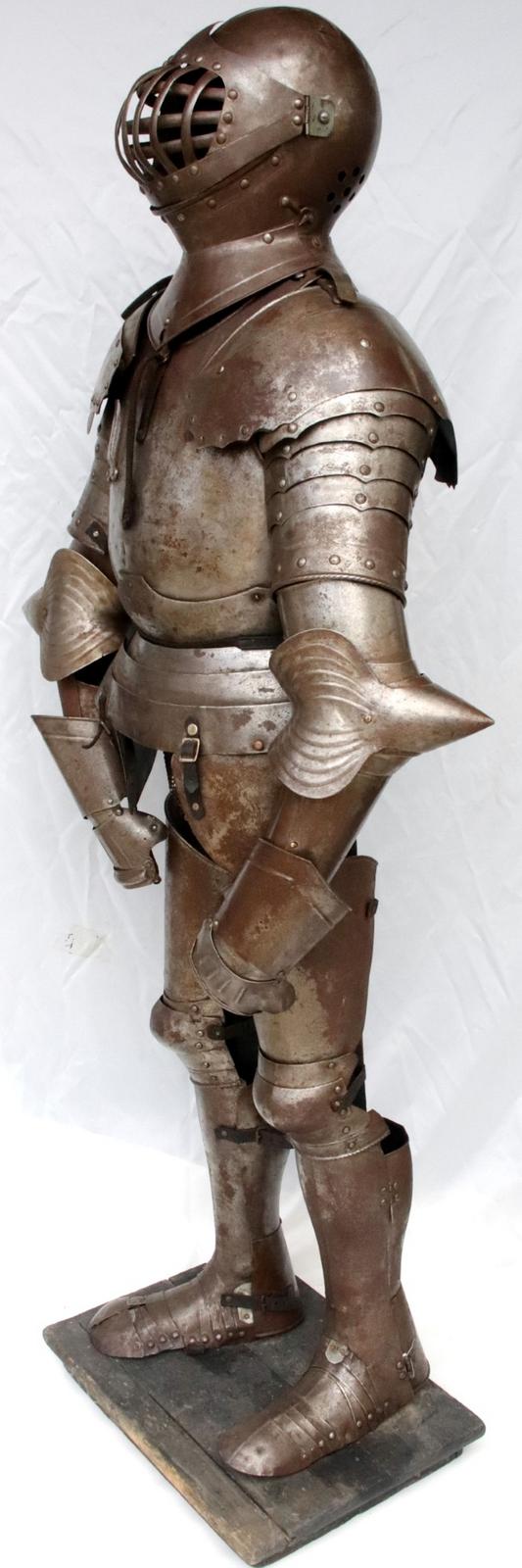 Victorian German Knight Suit of Armor with Rare Caged Visor Helmet & Stand