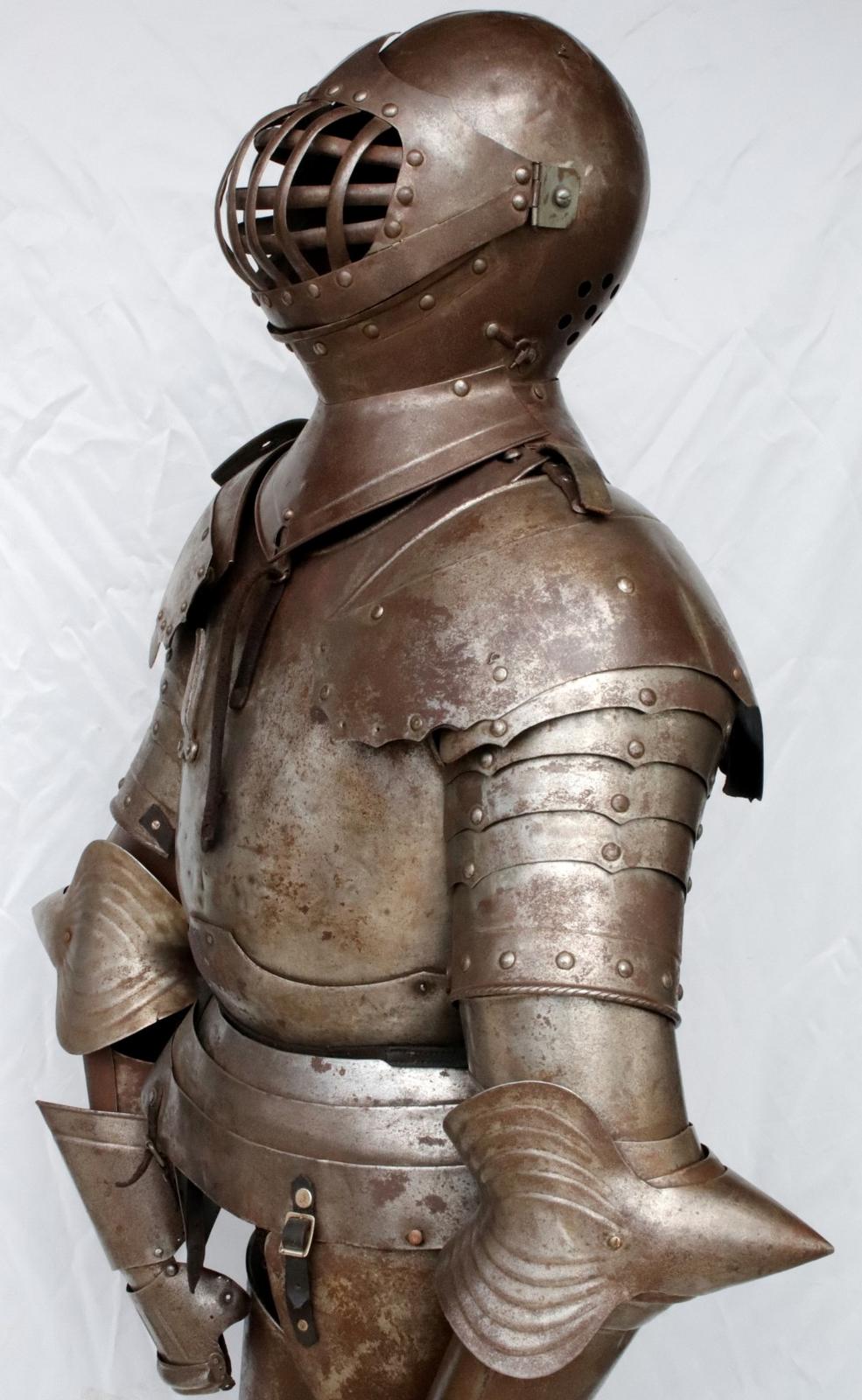 Victorian German Knight Suit of Armor with Rare Caged Visor Helmet & Stand