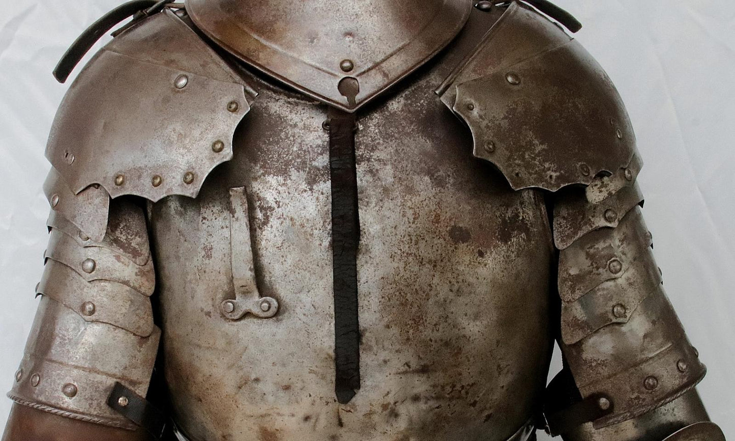 Victorian German Knight Suit of Armor with Rare Caged Visor Helmet & Stand