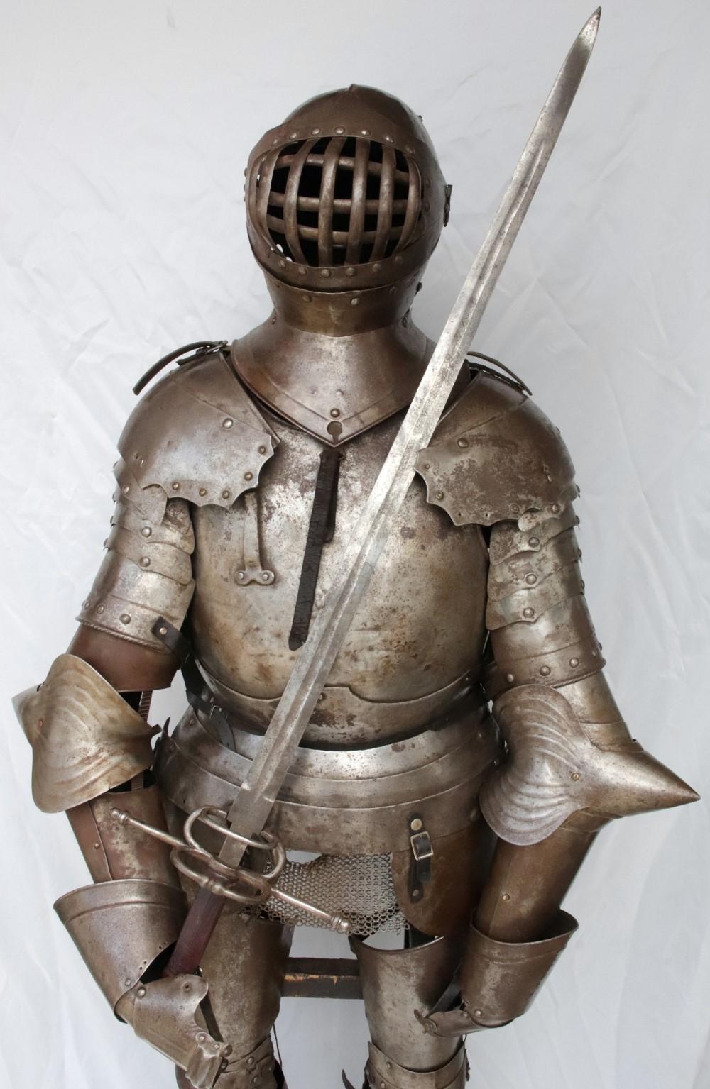 Victorian German Knight Suit of Armor with Rare Caged Visor Helmet & Stand