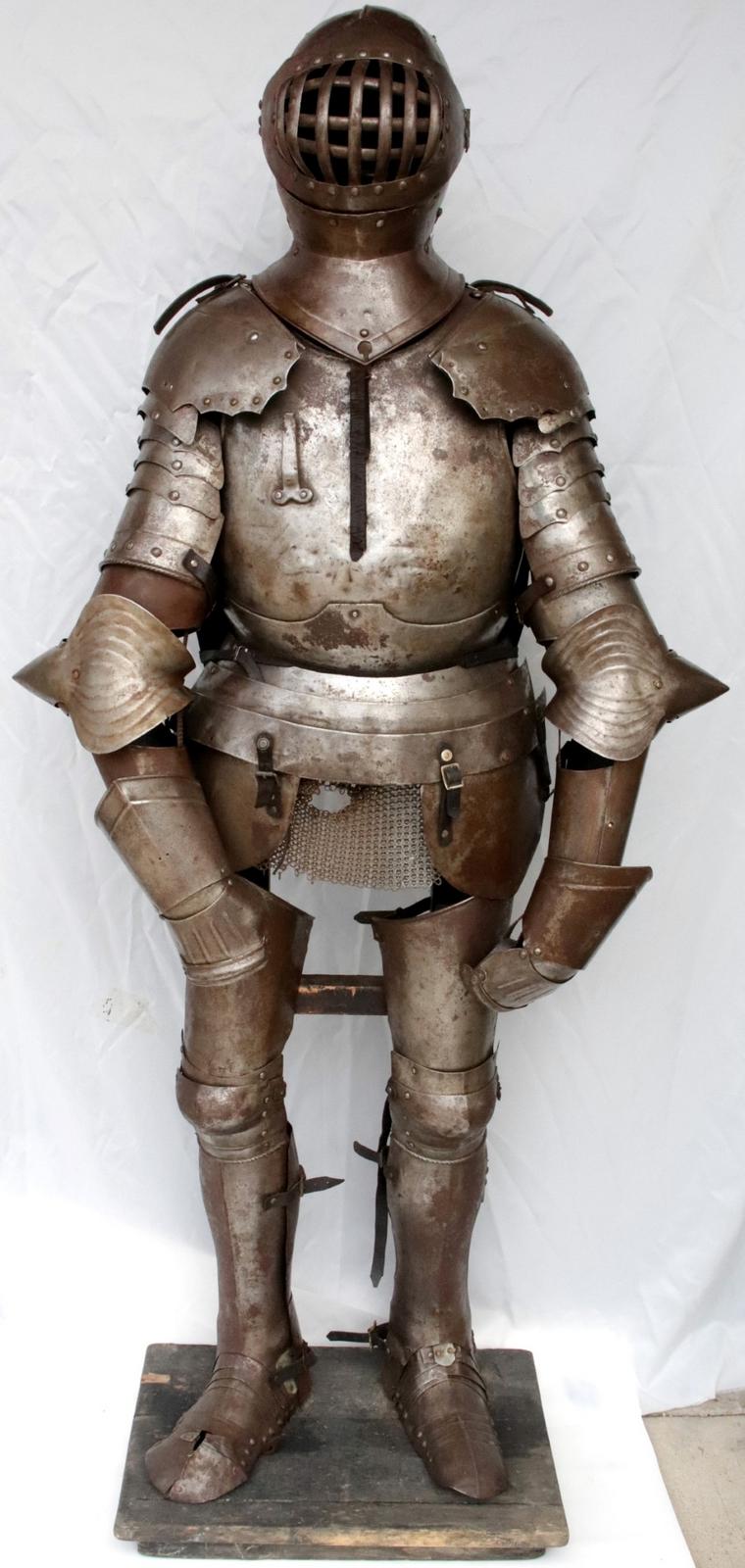 Victorian German Knight Suit of Armor with Rare Caged Visor Helmet & Stand