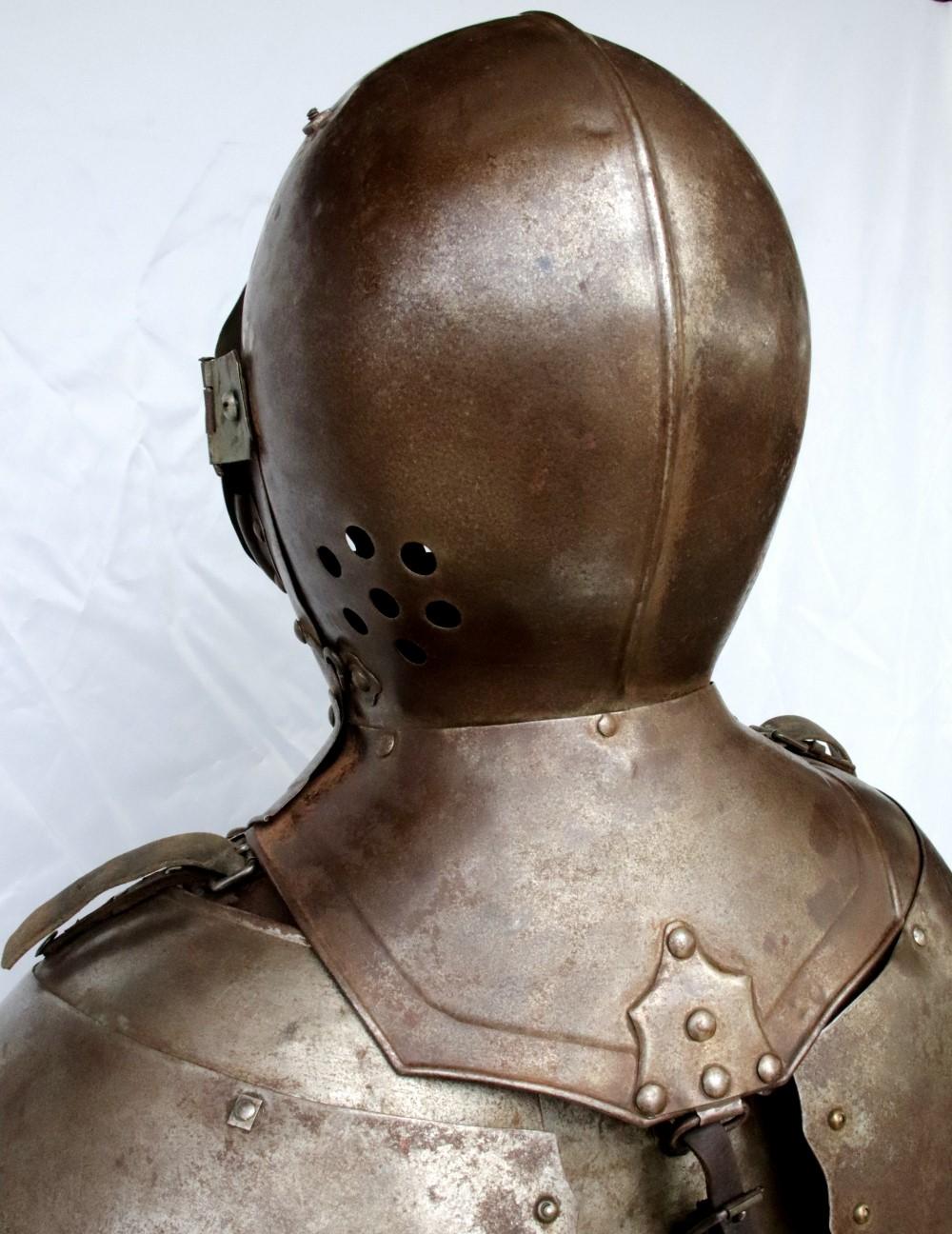 Victorian German Knight Suit of Armor with Rare Caged Visor Helmet & Stand