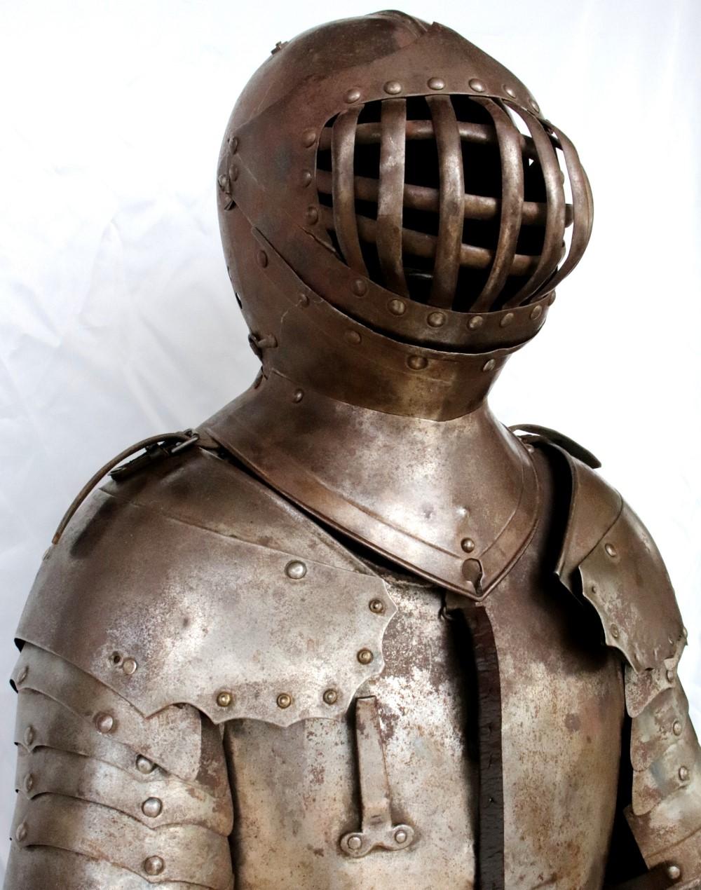 Victorian German Knight Suit of Armor with Rare Caged Visor Helmet & Stand