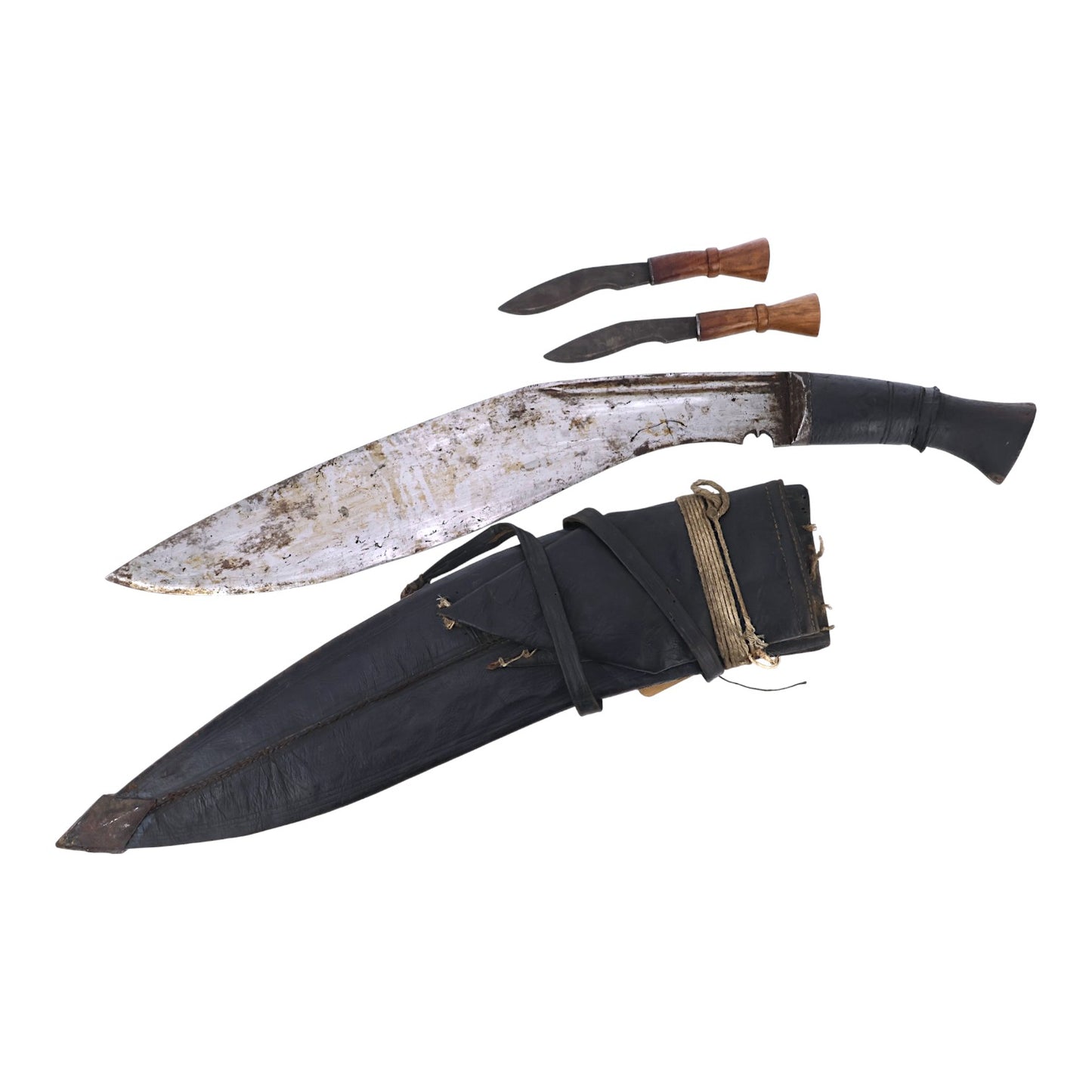 19th C. Nepalese Long Leaf Kukri with Signed Blade, Scabbard & Utility Knives