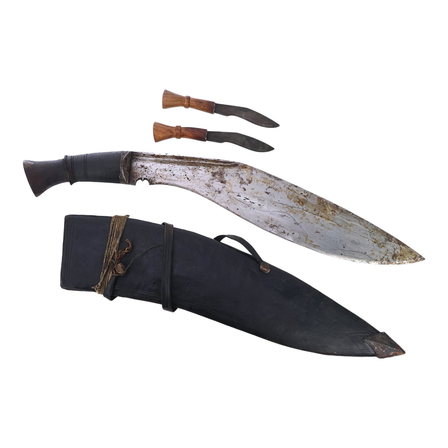 19th C. Nepalese Long Leaf Kukri with Signed Blade, Scabbard & Utility Knives