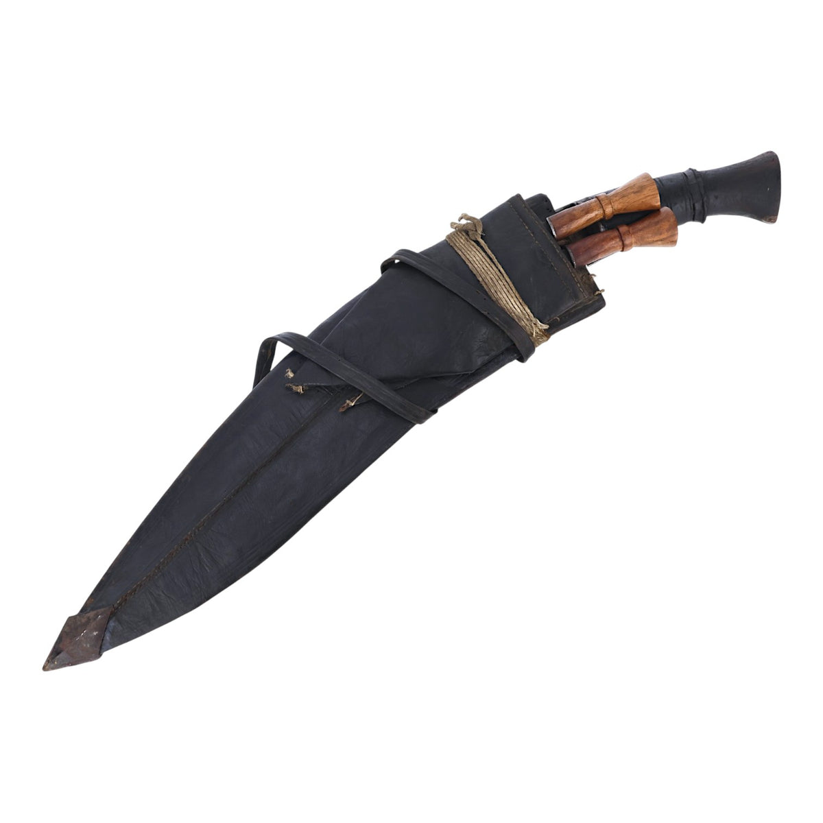 19th C. Nepalese Long Leaf Kukri with Signed Blade, Scabbard & Utility Knives