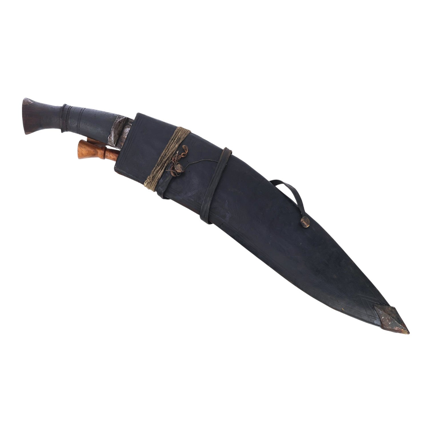 19th C. Nepalese Long Leaf Kukri with Signed Blade, Scabbard & Utility Knives