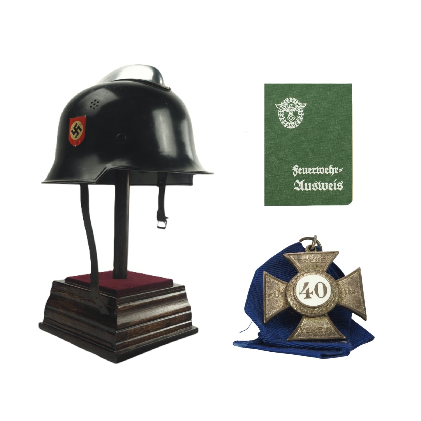 German WWII Feuerwehr Grouping with M34 Square Dip Helmet, 40-Year Cross & Ausweis