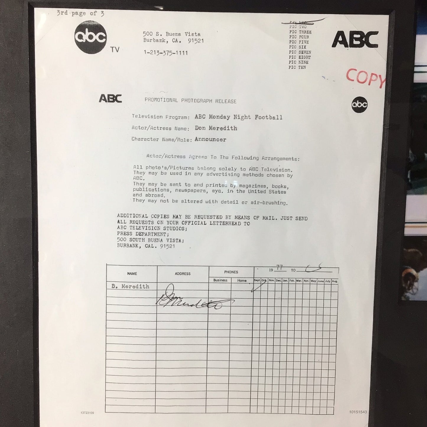 ABC Monday Night Football Framed Display - Broadcasters Don Meredith, Frank Gifford, & Howard Cosell
