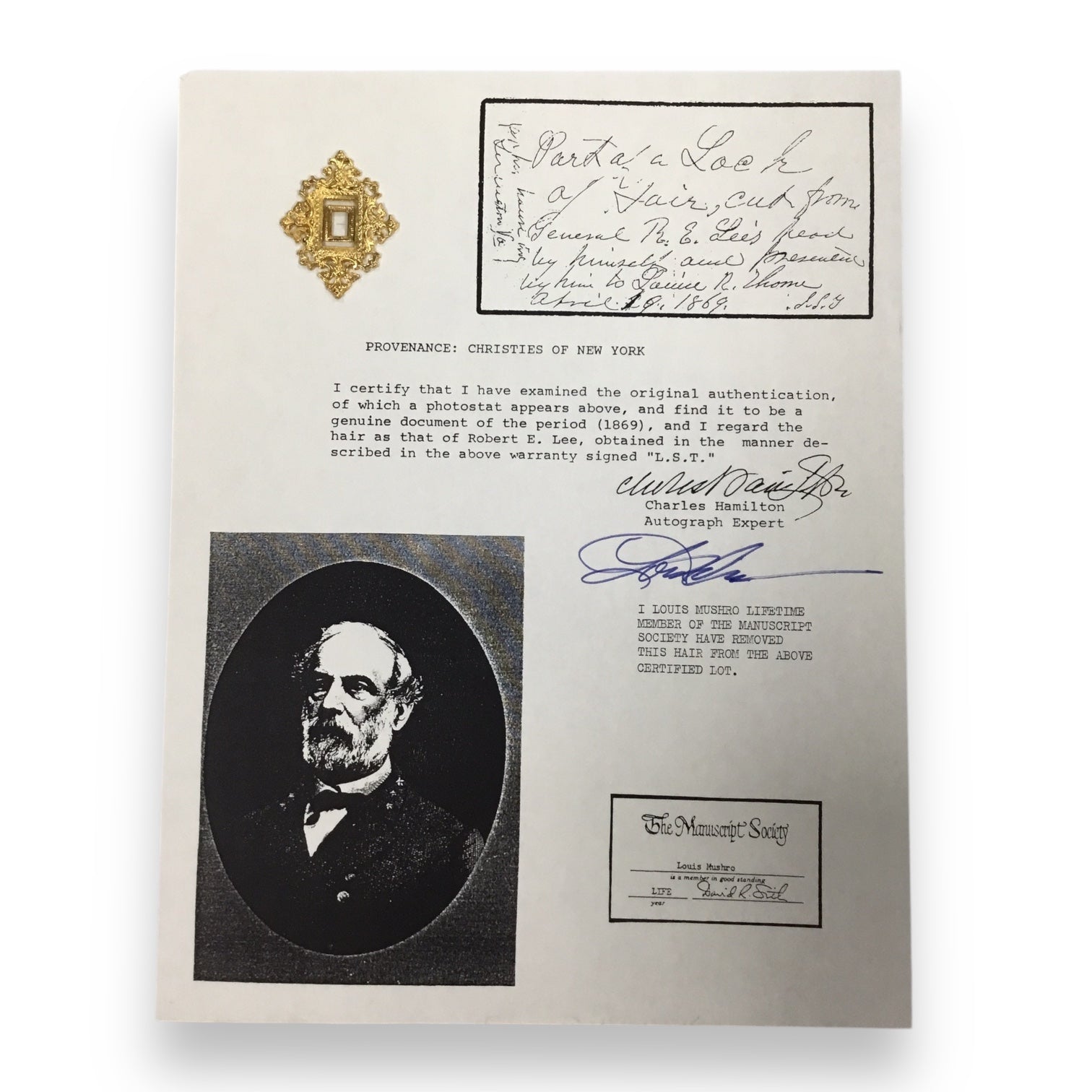 Robert E. Lee Hair Clipping with COA and Documentation