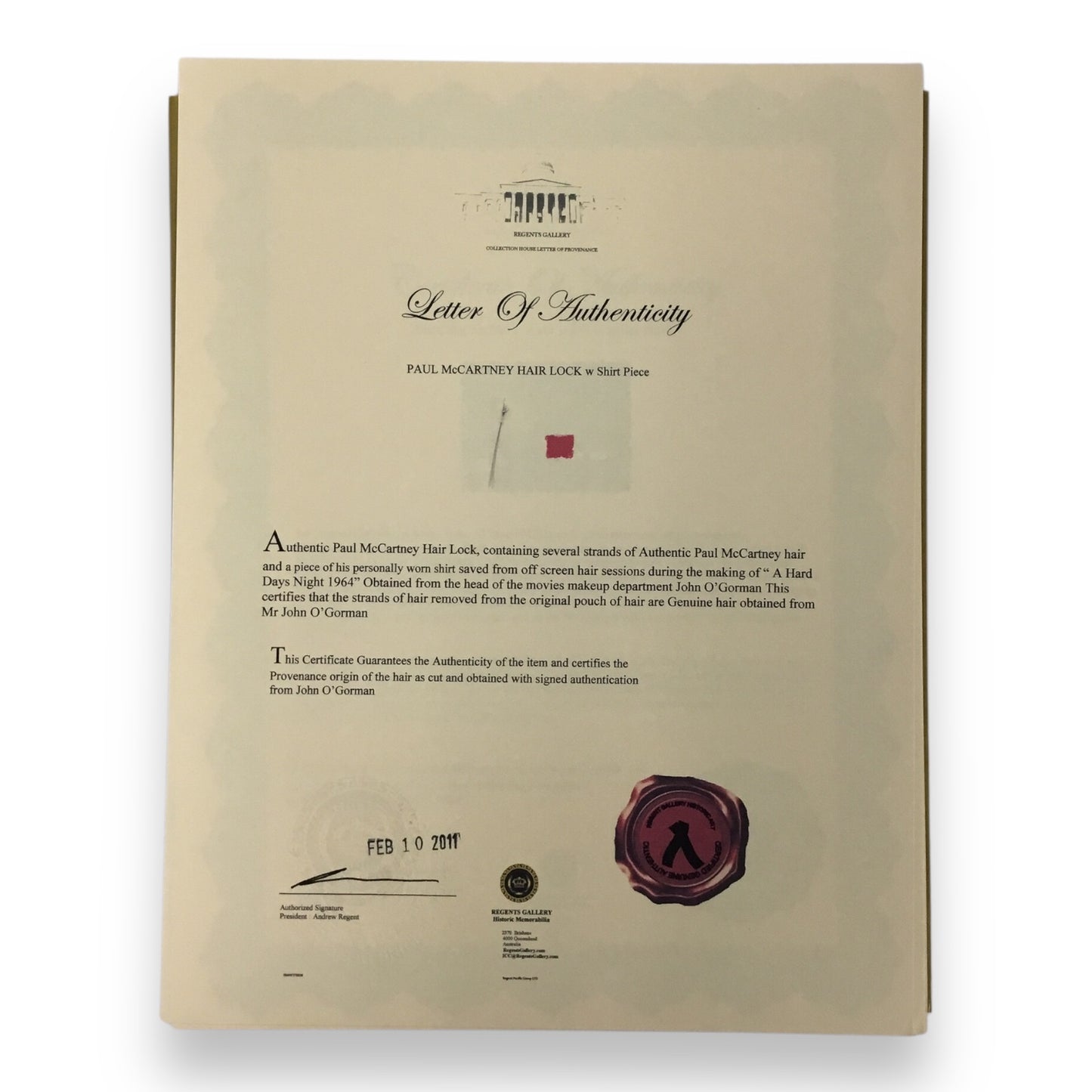 Paul McCartney Display Hair Lock & Worn Shirt Piece and COA