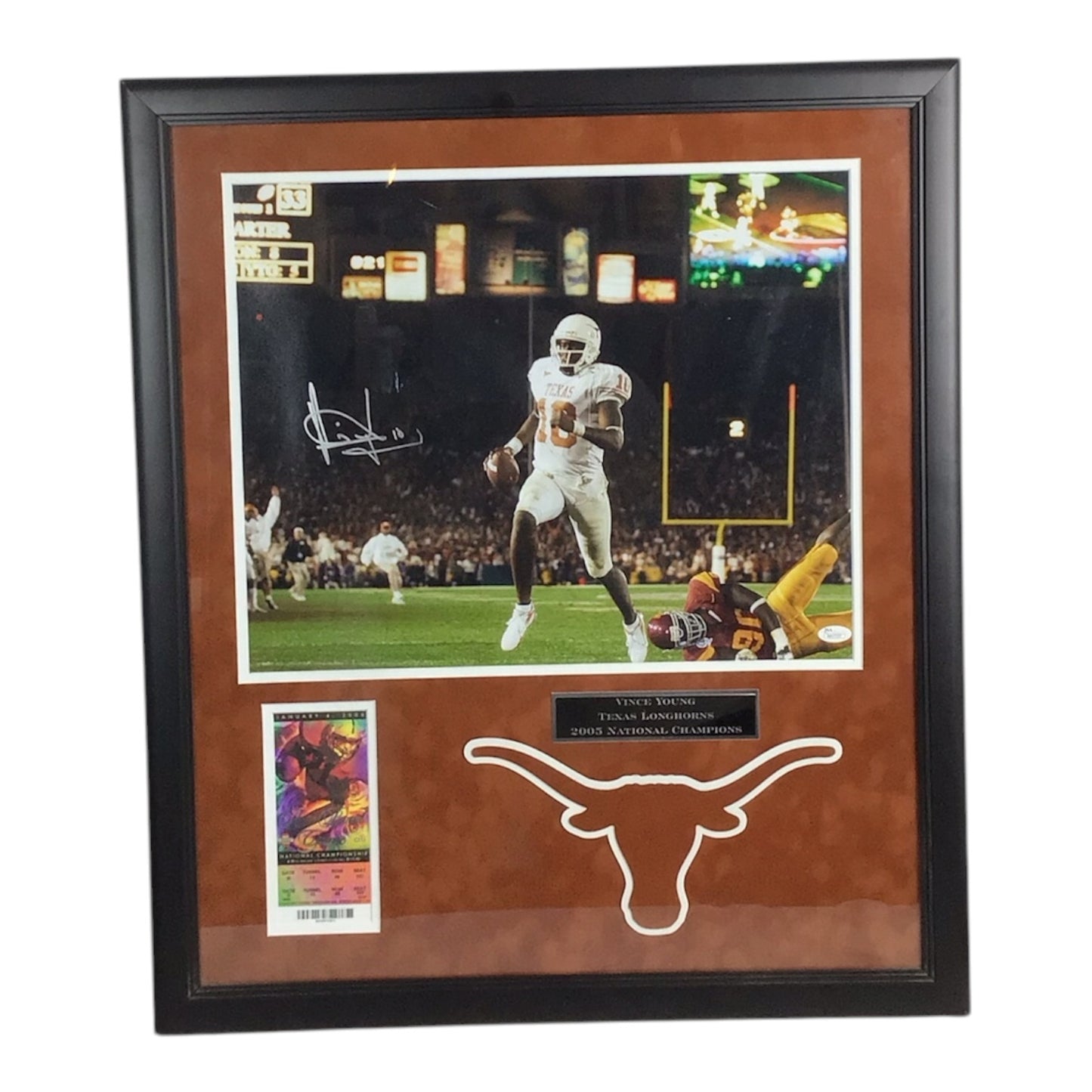 Framed Vince Young Texas Longhorns 2005 National Champions Signed Photo Display w/ Game Ticket
