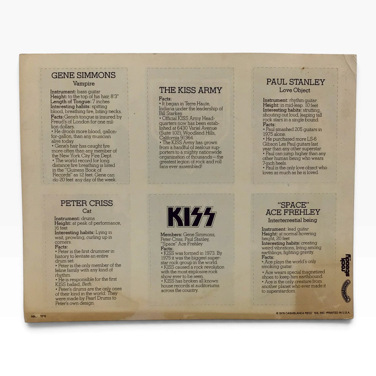 KISS Photo Card Set of 6 – 1976 – Casablanca Records – Rock Steady
