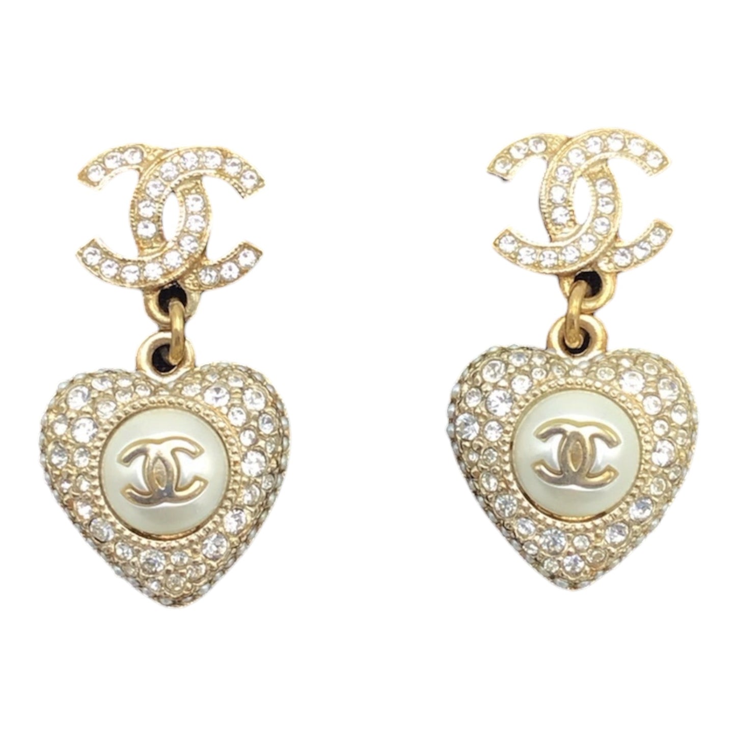 Chanel Crystal Heart Dangle CC Earrings w/ Box - Faux Pearl Light Gold