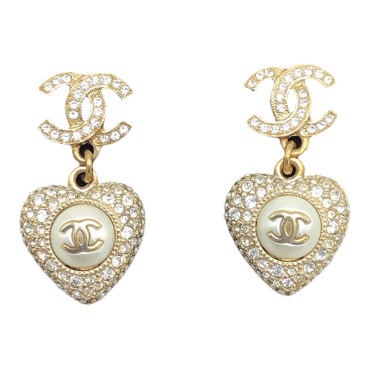 Chanel Crystal Heart Dangle CC Earrings w/ Box - Faux Pearl Light Gold