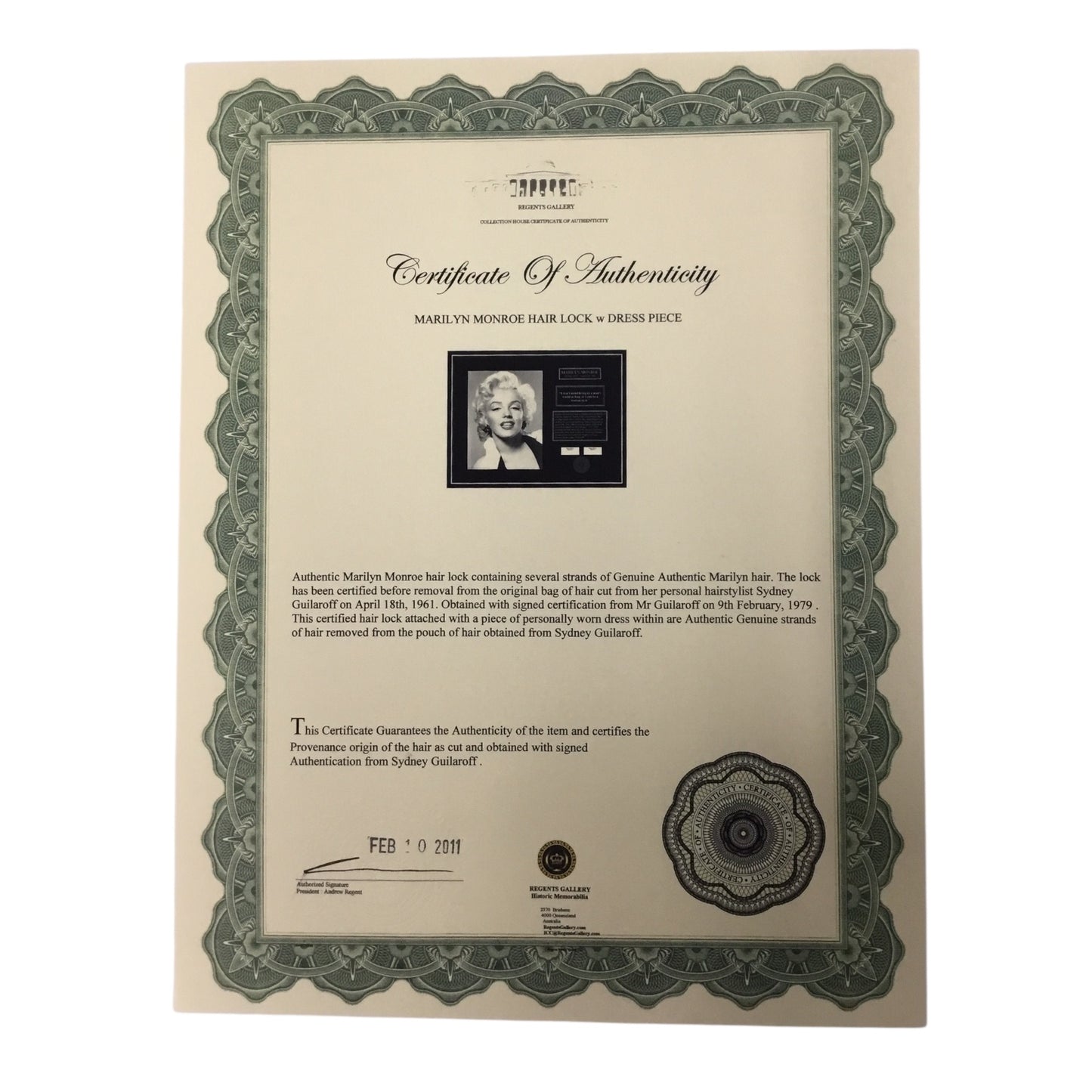 Marilyn Monroe Original Hair Lock with Used Dress Piece and COA